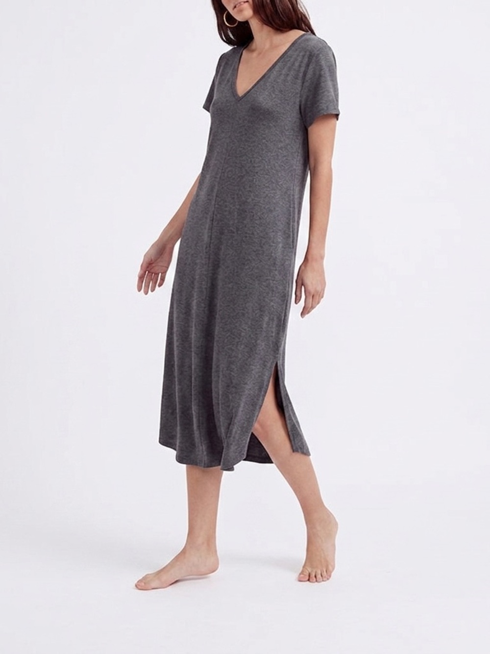 Smash + Tess V-Neck Short Sleeve Lounge Dress Charcoal Gray Small Petit